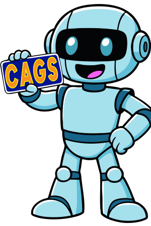 Cartoon Captain Atom holding a card that says C A G S